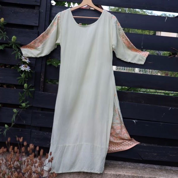 Rochie vara bumbac moale broderie verde fistic si caisa vintage India