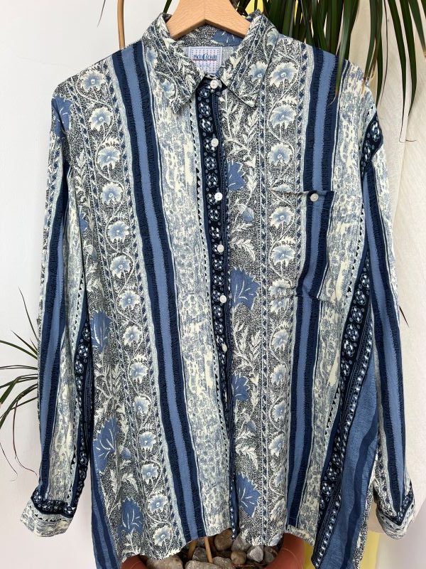 Camasa vintage anii 90 vascoza albastra gri flori